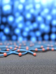 Obraz premium Close-up 3D Render: Intricately Woven Network of Pastel Blue Fibers with Coral Nodes Against a Blurred Blue Background. AI Generated