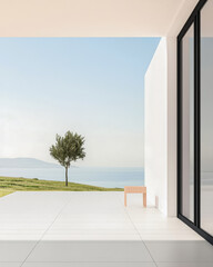 Scenic coastal view with minimalist architecture and a single tree in a serene landscape