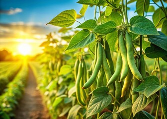 Obraz premium Panoramic View of Lush Green Bean Pods Hanging on Vines in a Field
