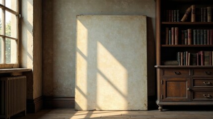 Sunlight Illuminates a Large Panel Beside an Antique Wooden Bookcase in a Rustic Room