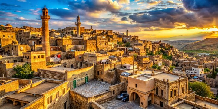 Panoramic View of Midyat, Mardin, Turkey: Ancient Stone Houses and Winding Streets