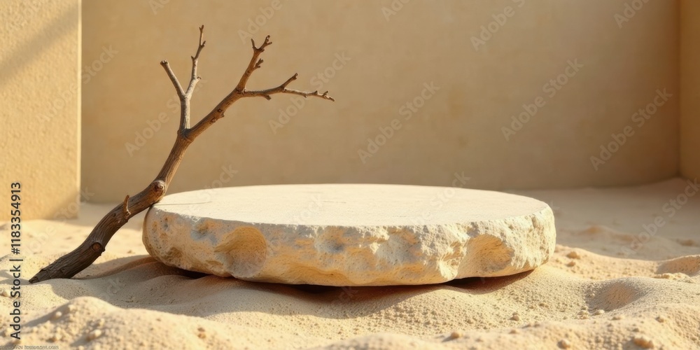 Poster a sunlit, minimalist scene featuring a weathered branch resting on a pale stone platform in soft san