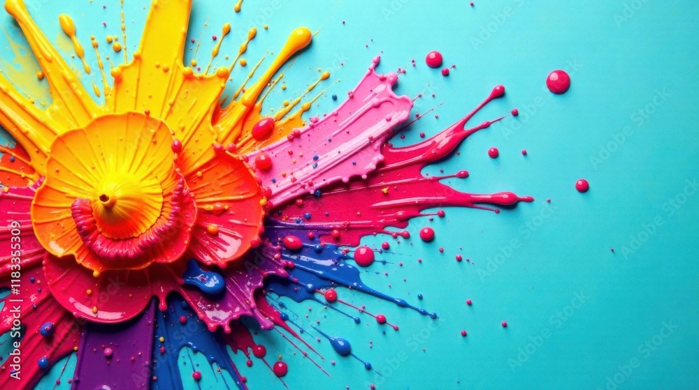 Poster Vibrant Color Explosion A Symphony of Splashes and Drips on a Teal Background