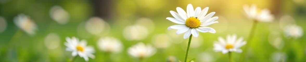 Soft petals of white daisy flowers gently sway in spring breeze, , white