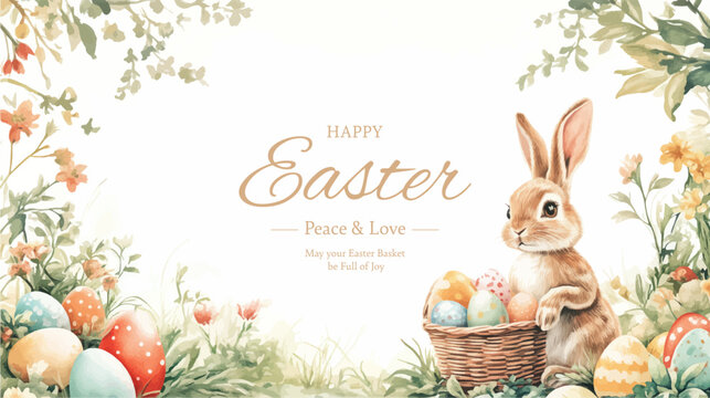 Easter basket with eggs and bunny decorated with flowers. Happy easter.