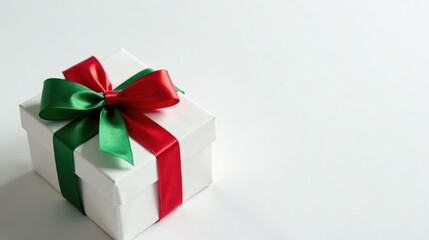 Obraz premium A pristine white gift box adorned with a vibrant green and red satin ribbon bow