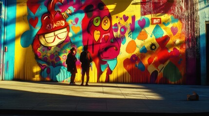 Obraz premium Whimsical street art on a colorful wall with playful characters and imaginative elements, highlighted by vibrant artificial lighting for an energetic vibe.