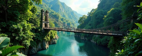 Fototapeta premium Suspension bridge suspended high above river in tropical rainforest, tropical rainforest, aquatic life