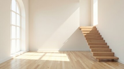 Obraz premium Bright Room with Wooden Staircase and Sunlight Streaming Through Arch Window