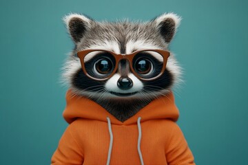 Fototapeta premium Cute cartoon raccoon wearing glasses and hoodie. (5)