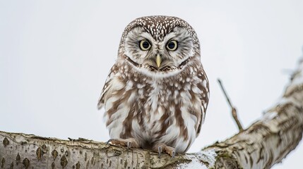 A cute little owl sitting on a tree branch against a white background