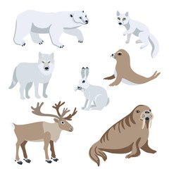 vector drawing arctic animals isolated at white background, hand drawn illustration