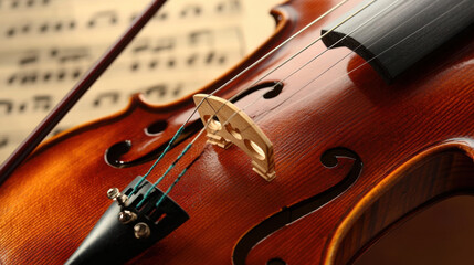 Naklejka premium Close-up View of a Beautifully Crafted Violin with Delicate Strings and Bridge Amidst Classical Music Sheets for Art and Instrumentation Themes