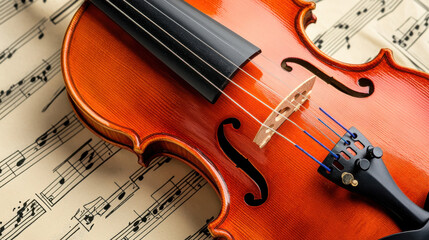 Fototapeta premium Close-Up of a Beautifully Crafted Violin Resting on Sheet Music With Intricate Notes and Melodies, Perfect for Musical Themes and Art Projects