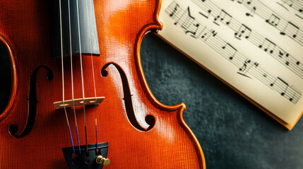 Fototapeta premium Close-Up of a Beautiful Violin on Dark Background Next to Sheet Music Displaying Musical Notes for Classical Instrument and Music Enthusiasts
