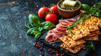Diet cracker with butter ham and vegetables on table