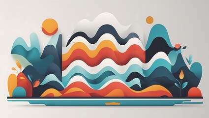 Naklejka premium Abstract Colorful Landscape with Wavy Mountains and Floral Elements