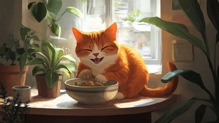 23.A cheerful red-haired cat sitting by its food bowl, happily eating its meal in a warm, well-lit dining area adorned with plants and soft textures.