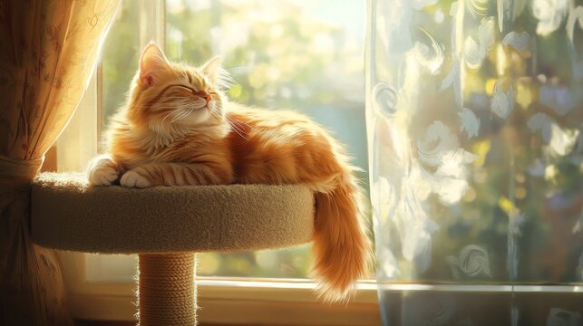 65.A cheerful orange cat perched on the top level of a scratching post, its carrier placed neatly beside a sunny window with curtains swaying in the breeze.
