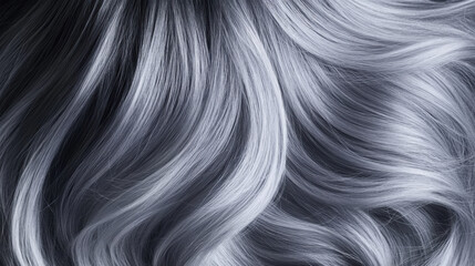 Luxurious Silky Silver Hair Texture with Beautiful Waves Capturing Light and Depth in a Striking Monochrome Aesthetic for Fashion or Beauty Projects