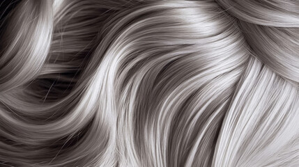 Naklejka premium Beautifully Curled Silvery Hair With Glossy Finish Displaying Smooth Waves and Luscious Texture for Fashion, Beauty, and Haircare Themes
