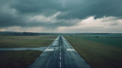 Aerial view of an empty airport runway with a single airplane parked under cloudy skies, symbolizing flight cancellation and travel disruption. Aviation industry challenges and global transportation c