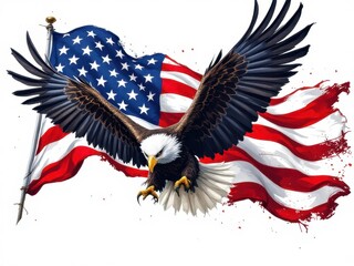 Majestic bald eagle soaring with american flag symbolizing freedom and patriotism