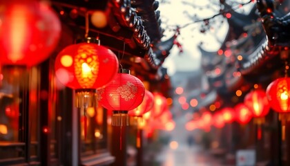 Red lanterns adorn a tree in a Chinese village, celebrating the vibrant spirit of the Chinese New Year
