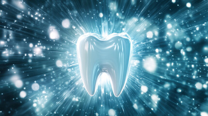 Glowing Tooth Illustration Representing Dental Health and Hygiene in a Dynamic and Sparkling Background for Educational and Creative Uses