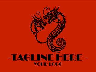 Black Dragon  design on red background and Black ink dragon design with swirling tribal patterns is perfect for tshirts chinese's Dragon Year of the Ink Painting Suitable for clothing, accessories