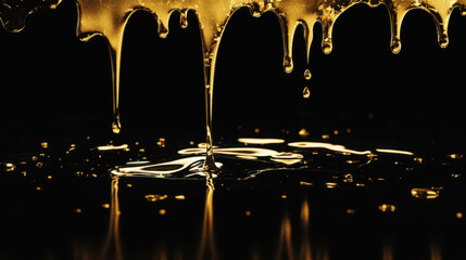 Viscous Golden Honey Dripping On Black Surface With Reflective Puddles Creating A Luxurious And Enticing Visual Experience In A Dark Background