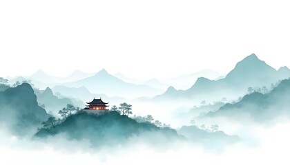 An Asian-inspired watercolor artwork that emphasizes a serene path guiding the viewer's gaze toward a pagoda, surrounded by vibrant natural scenery