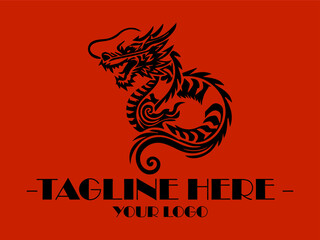 Fototapeta premium Black Dragon design on red background and Black ink dragon design with swirling tribal patterns is perfect for tshirts chinese's Dragon Year of the Ink Painting Suitable for clothing, accessories