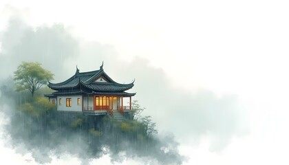 Fototapeta premium A peaceful watercolor landscape illustrating a winding path that leads to a classic Asian pagoda, enveloped by rich greenery
