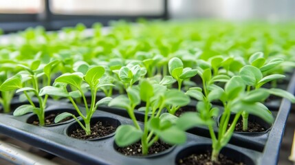 A vibrant tray of young green seedlings growing in soil, ready for transplanting.