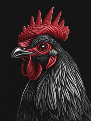 close up of a rooster illustration, on black background