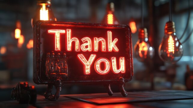 Neon Thank You sign, industrial setting, gratitude