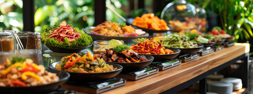 Buffet table showcasing diverse international dishes with elegant crockery in a vibrant setting