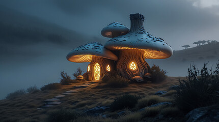Whimsical Mushroom House Illuminating a Misty Hilltop in Eerie Fog