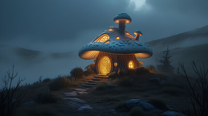 Whimsical Mushroom House Illuminating a Misty Hilltop in Eerie Fog