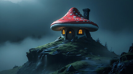 Whimsical Mushroom House Illuminating a Misty Hilltop in Eerie Fog