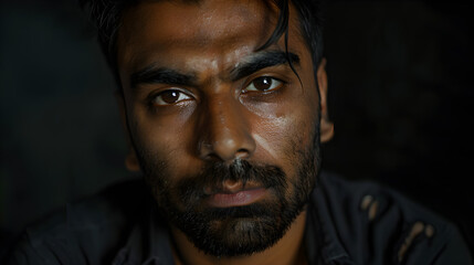 Obraz premium A person in a dark setting wearing a dark jacket with visible buttons, mysterious and enigmatic atmosphere