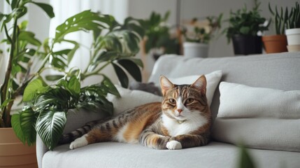 100.A relaxed multicolor cat lying on a sleek gray sofa, surrounded by a variety of potted plants, with the clean lines and neutral tones of Scandinavian interior design creating a serene atmosphere.