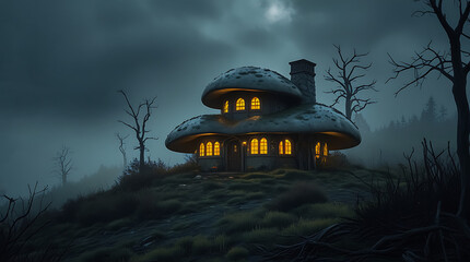 Whimsical Mushroom House Illuminating a Misty Hilltop in Eerie Fog