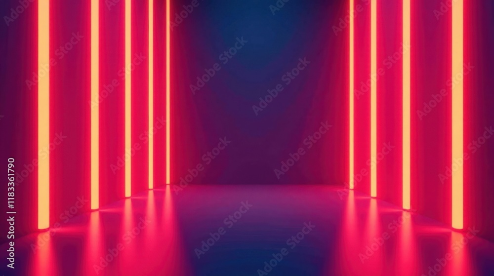 Poster abstract vibrant pink and blue neon light columns illuminate a modern empty room