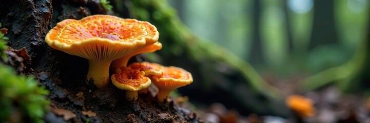 Fungal mycelium spreading through rotting wood, tree roots, forest floor, damp conditions