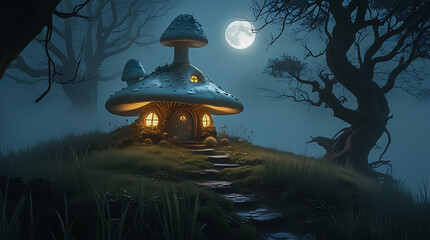 Whimsical Mushroom House Illuminating a Misty Hilltop in Eerie Fog