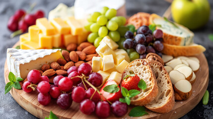 Grazing board with assorted cheeses, fresh fruits, nuts, and bread on wooden surface for gatherings and celebrations