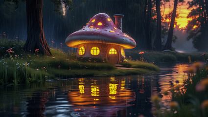 Enchanted Mushroom-Shaped House by the Riverside A Fantasy Digital Art Masterpiece
