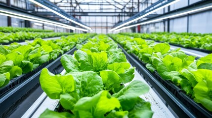A greenhouse filled with vibrant green lettuce plants growing in hydroponic systems.